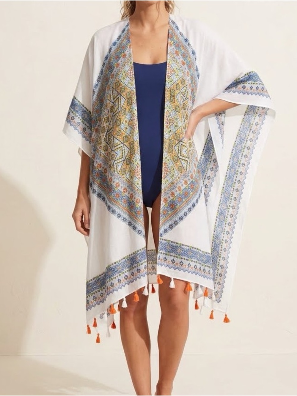 Riah Fashion Boho Geometric Print Open Kimono Cardigan Tassel Cover Up OS Beach